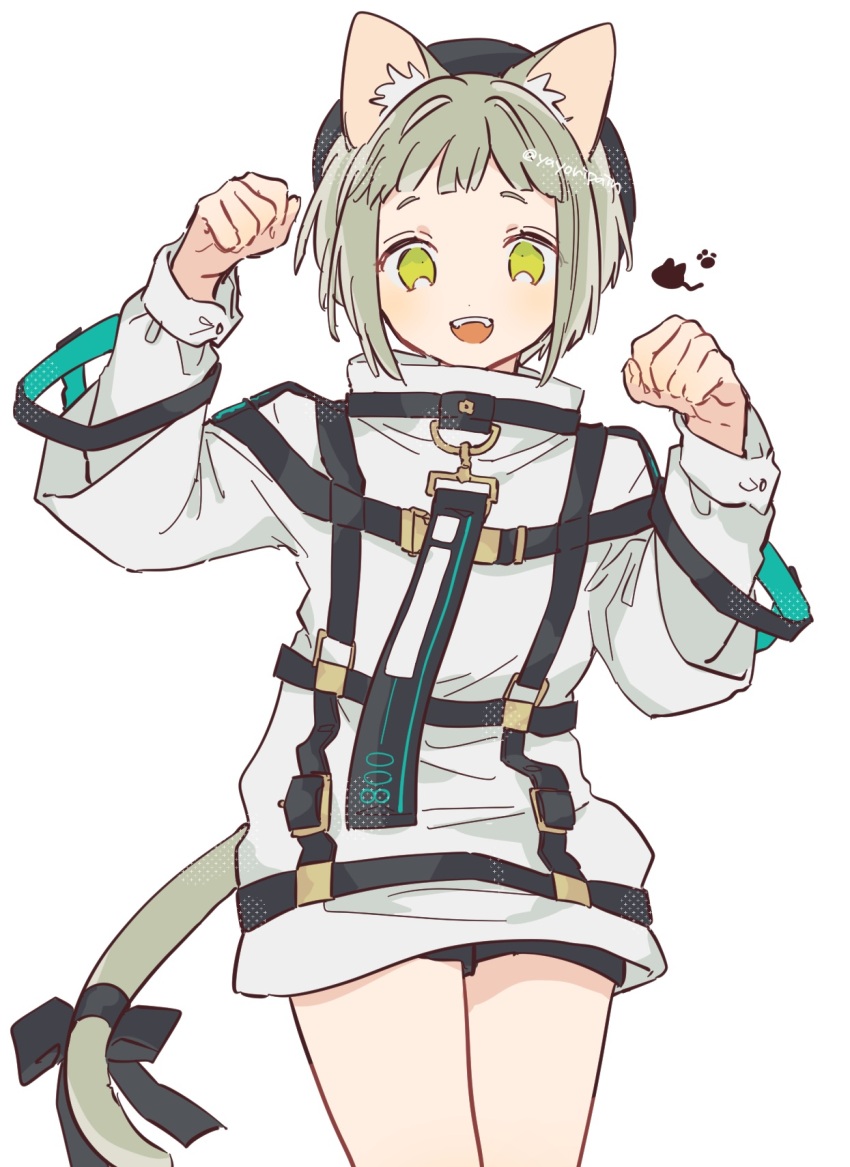 1girl, animal_ears, black_shorts, cat_ears, cat_girl, cat_tail, green_eyes, green_hair