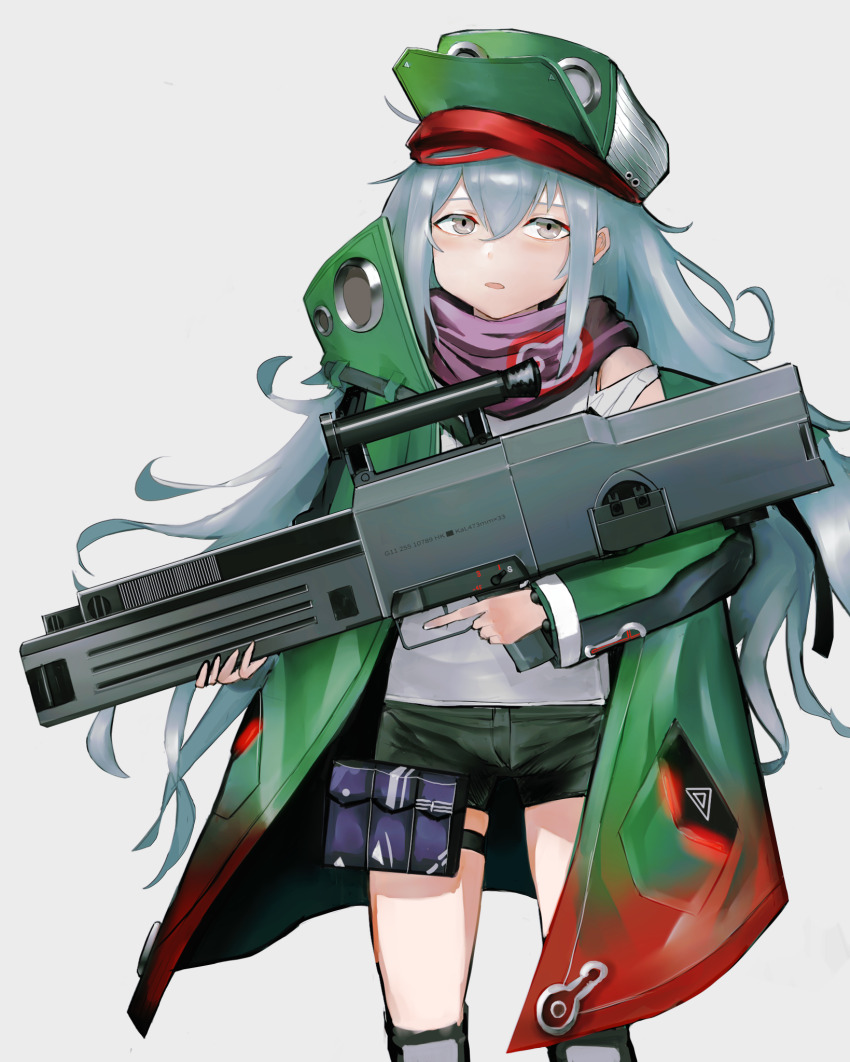 1girl, assault_rifle, bullpup, caseless_firearm, expressionless, feet_out_of_frame, g11_(girls'_frontline), girls'_frontline