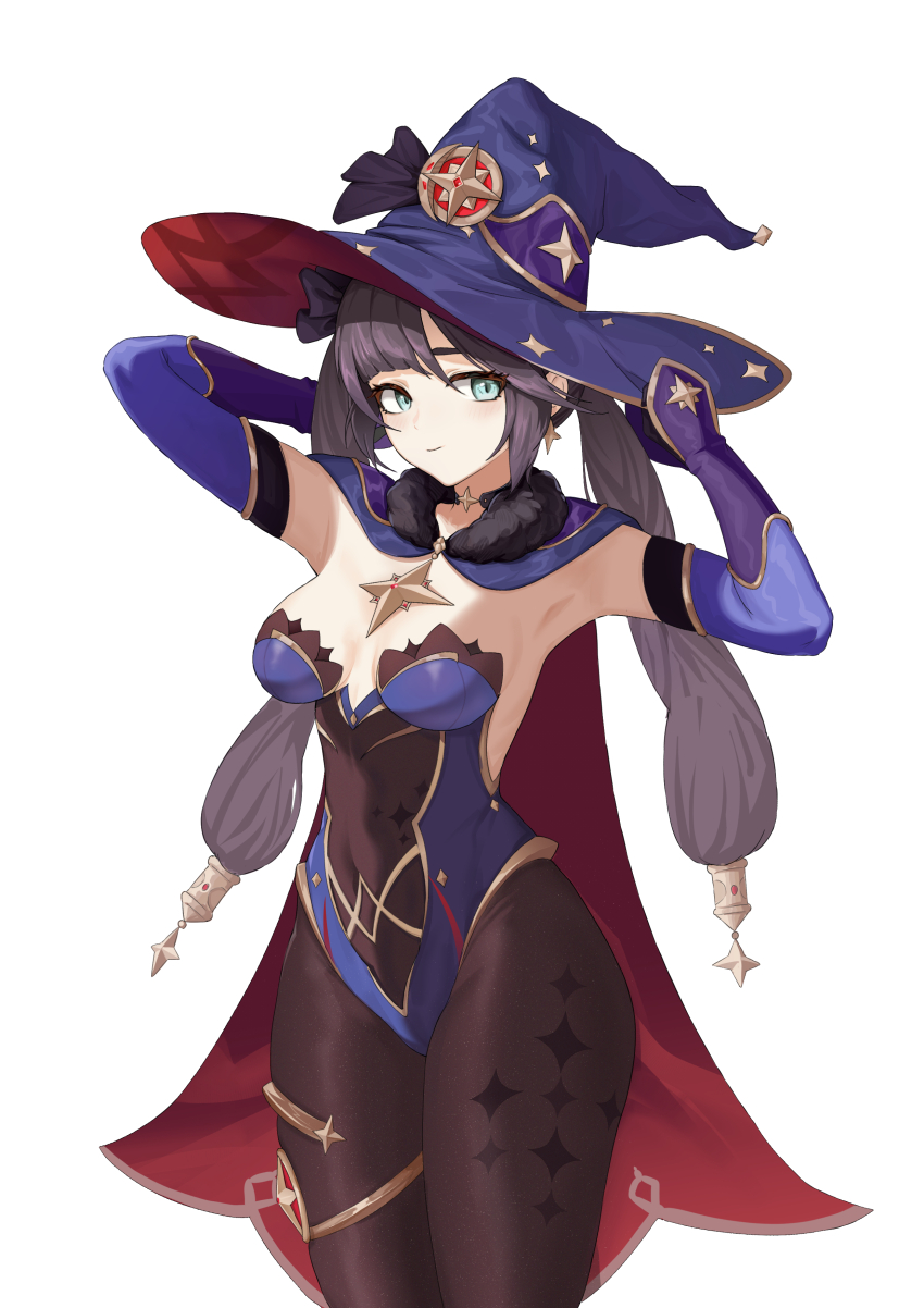 1girl, absurdres, armpits, arms_up, asymmetrical_bangs, black_hair, blue_leotard, bodystocking, breasts, brooch, brown_pantyhose, capelet, closed_mouth, covered_navel, cowboy_shot, detached_sleeves, elbow_gloves, fur-trimmed_capelet, fur_trim, genshin_impact, gloves, gold_trim, green_eyes, hair_ornament, hat, highres, jewelry, kccc_(kuochengbencheng), leotard, long_hair, mona_(genshin_impact), pantyhose, simple_background, small_breasts, smile, solo, sparkle_print, star_(symbol), star_hair_ornament, thighlet, twintails, white_background, witch_hat