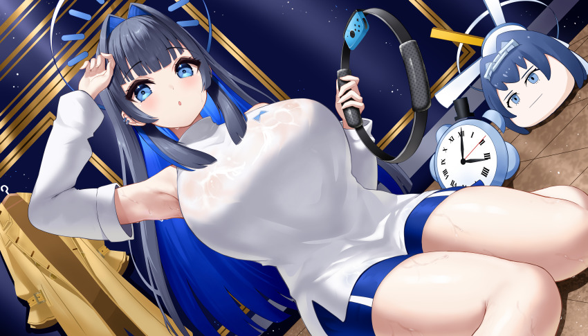 1girl, :o, absurdres, bare_legs, bare_shoulders, black_hair, blue_eyes, blue_hair