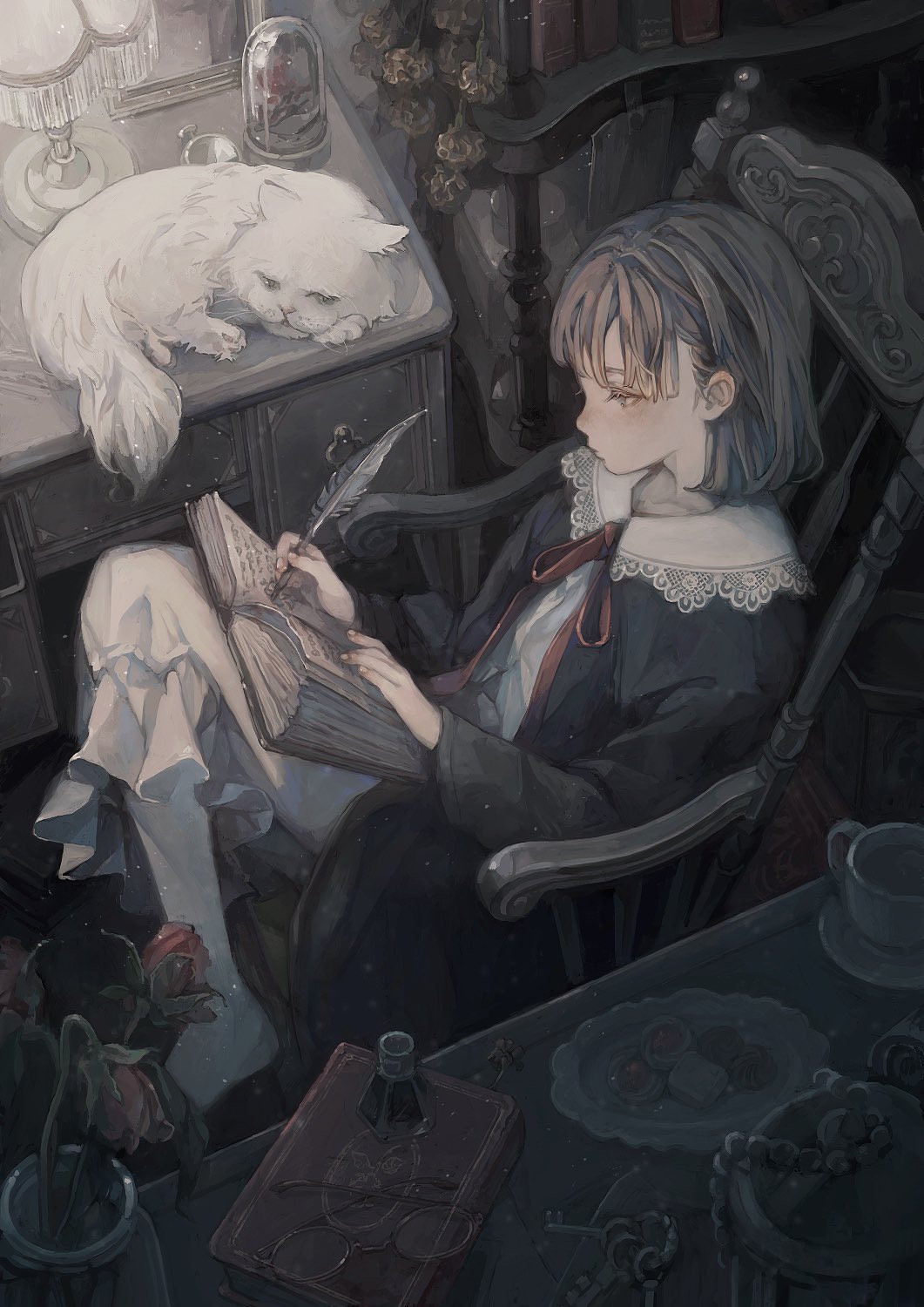 1girl, animal, black_jacket, blunt_bangs, bob_cut, book, book_on_lap, bookshelf