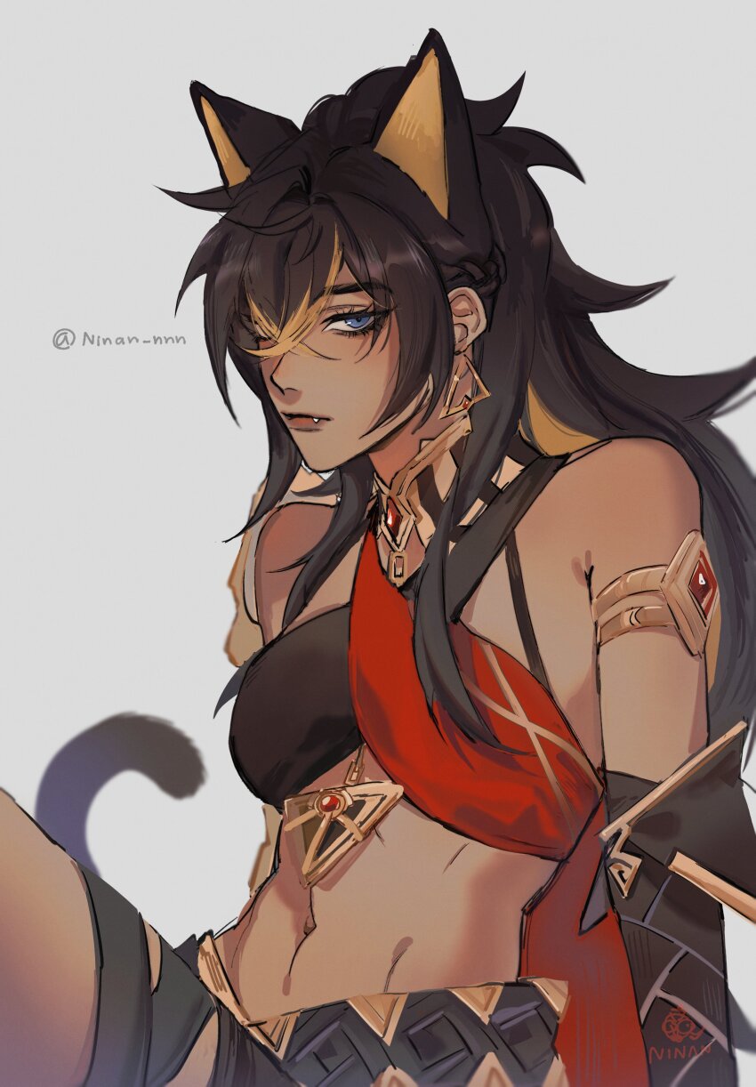 1girl, abs, absurdres, animal_ears, arm_armor, armor, artist_logo, asymmetrical_clothes, asymmetrical_gloves, bare_shoulders, black_hair, black_shorts, blue_eyes, braid, breasts, cape, cat_tail, closed_mouth, criss-cross_halter, crossed_bangs, dark-skinned_female, dark_skin, dehya_(genshin_impact), earrings, eyelashes, fang, fang_out, gauntlets, genshin_impact, gloves, grey_background, hair_between_eyes, halterneck, highres, jewelry, lips, logo, long_hair, medium_breasts, midriff, multicolored_hair, muscular, muscular_female, navel, ninan_nnn, shorts, shoulder_armor, single_braid, solo, streaked_hair, tail, twitter_username, vambraces