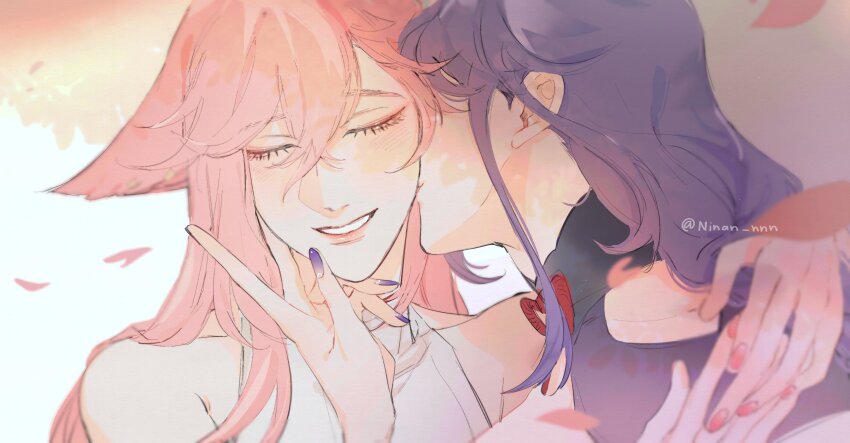 2girls, absurdres, animal_ears, closed_eyes, commentary, eyelashes, floppy_ears, fox_ears