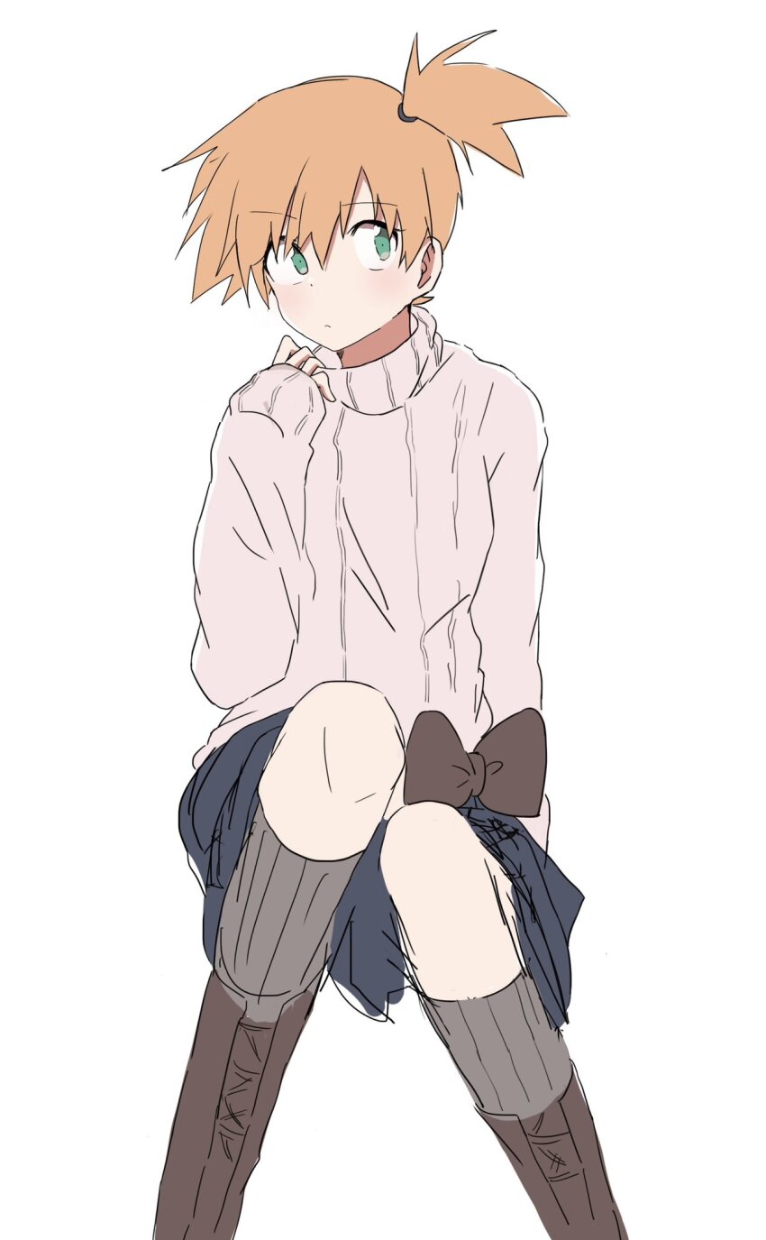 1girl, asymmetrical_hair, blue_eyes, blush, boots, eyebrows, female_focus, hair_tie