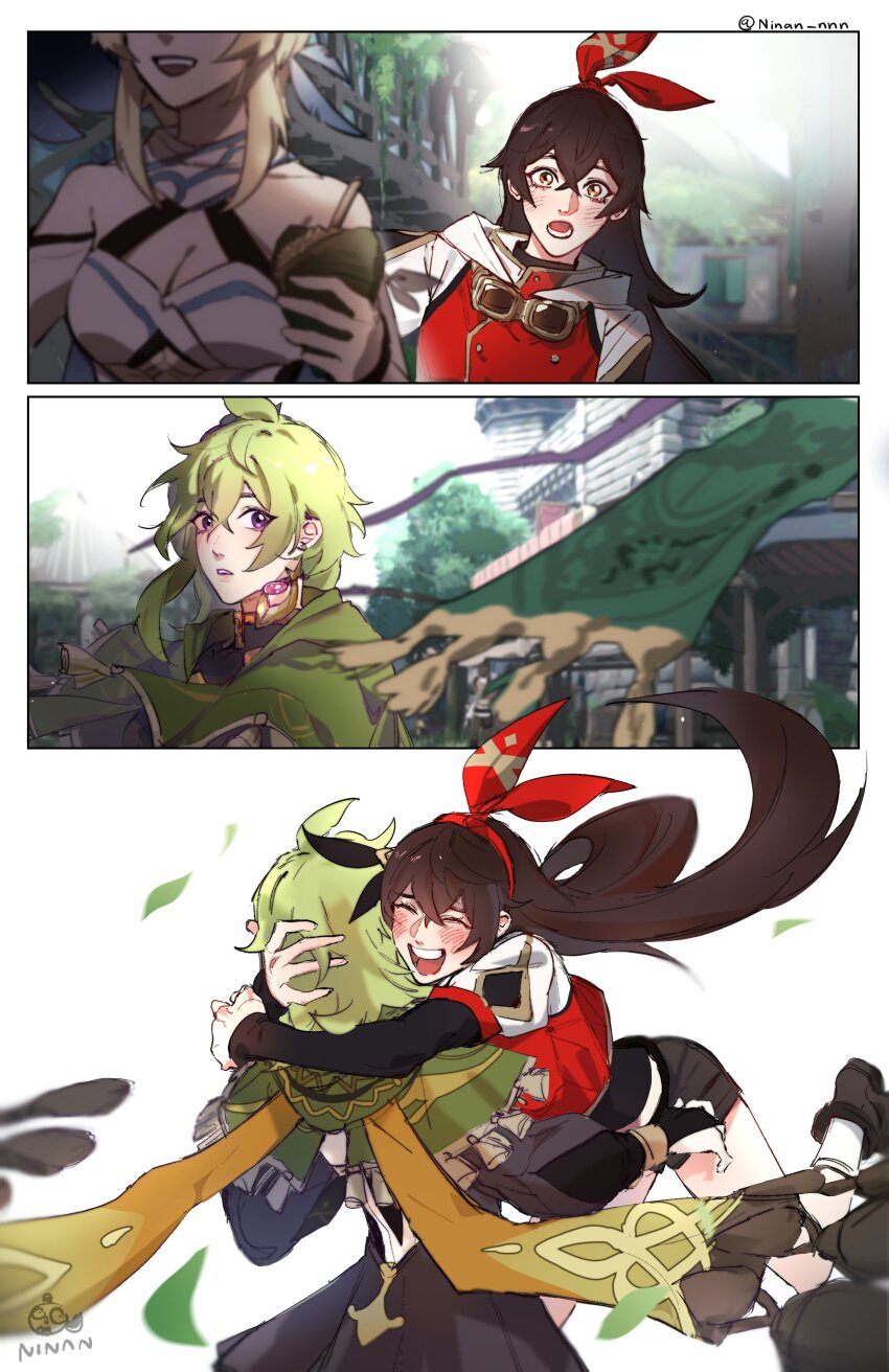 3girls, absurdres, ahoge, amber_(genshin_impact), black_shorts, blonde_hair, blush, breasts, bridal_gauntlets, brown_eyes, brown_hair, capelet, cleavage, collei_(genshin_impact), earrings, genshin_impact, goggles, goggles_around_neck, green_capelet, green_hair, hair_between_eyes, hair_ornament, hair_ribbon, happy, highres, hug, jewelry, long_hair, lumine_(genshin_impact), medium_breasts, multiple_girls, ninan_nnn, open_mouth, purple_eyes, red_ribbon, ribbon, shorts, sidelocks, single_earring, teeth, twitter_username, upper_teeth_only