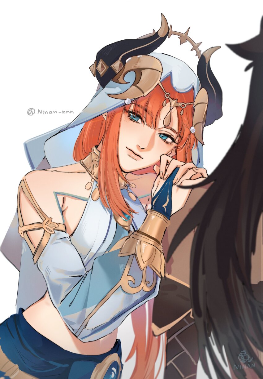 2girls, absurdres, aqua_eyes, aqua_nails, artist_logo, bare_shoulders, blue_skirt, blush