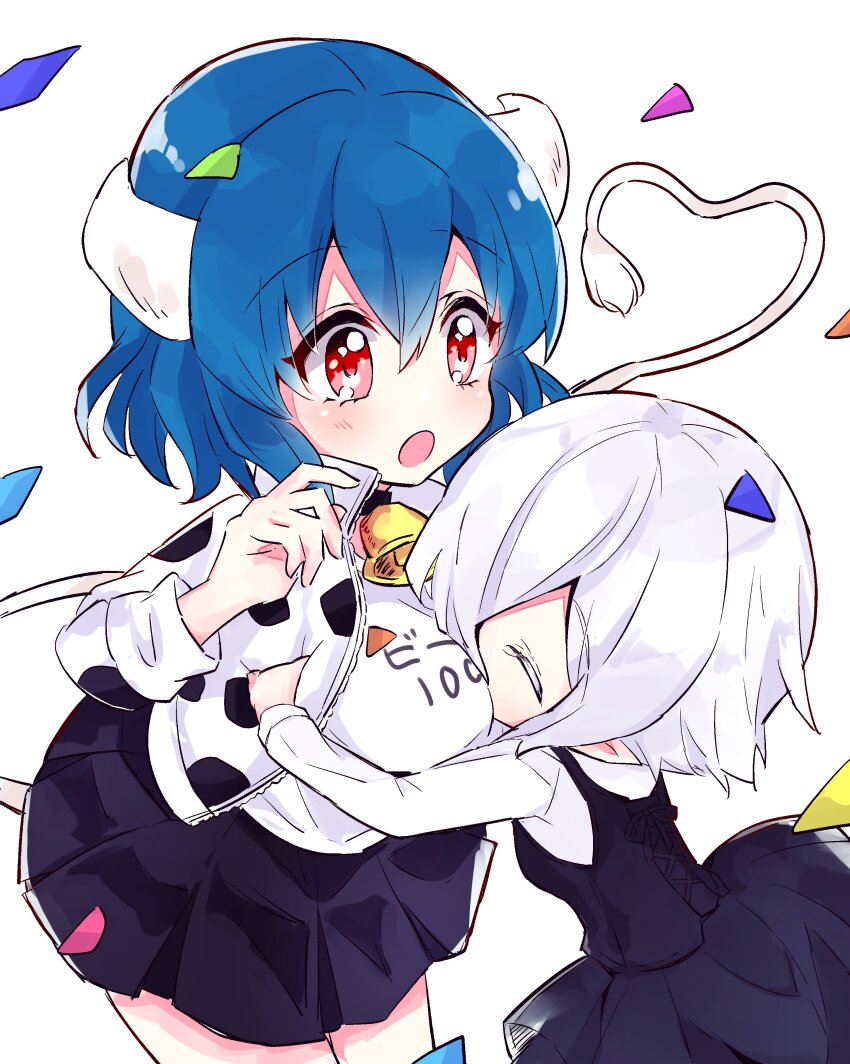 2girls, absurdres, age_difference, animal_print, black_skirt, blue_hair, blush, breasts