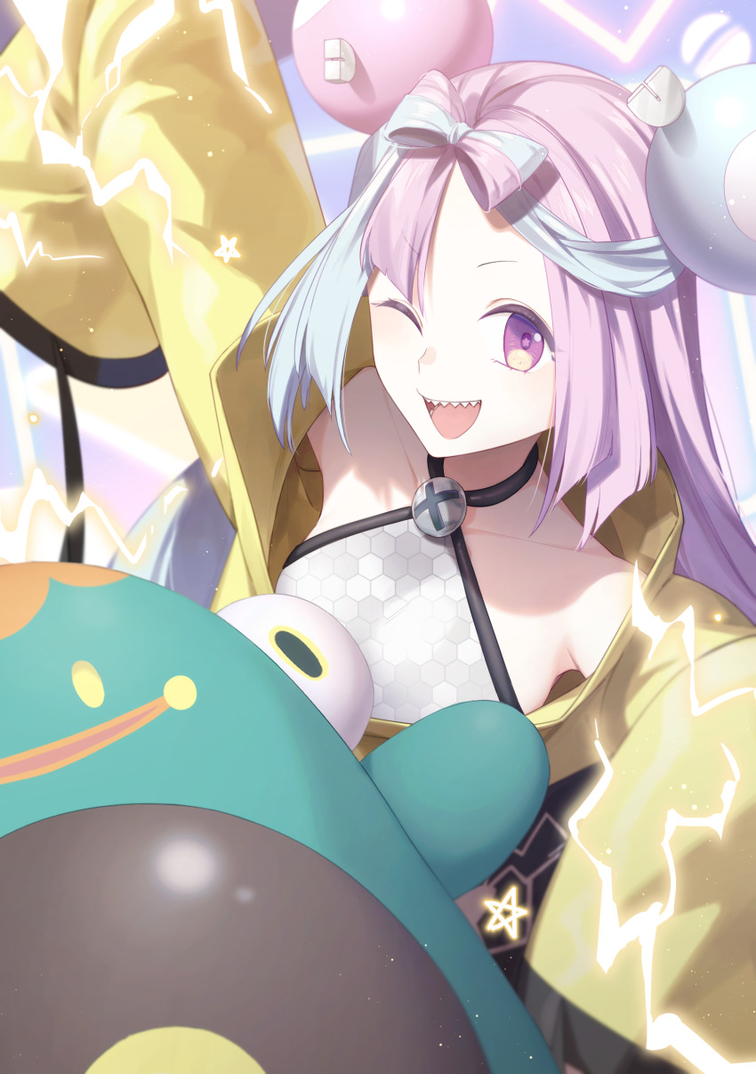 1girl, absurdres, bellibolt, chio_(akiciou), collarbone, commentary, electricity, green_hair, grey_shirt, happy, highres, iono_(pokemon), jacket, long_hair, long_sleeves, looking_at_viewer, nintendo, one_eye_closed, open_mouth, pink_hair, pokemon, pokemon_(creature), pokemon_scarlet_and_violet, purple_eyes, sharp_teeth, shirt, sleeveless, sleeveless_shirt, sleeves_past_fingers, sleeves_past_wrists, star_(symbol), untranslatable_commentary, teeth, tongue, yellow_jacket