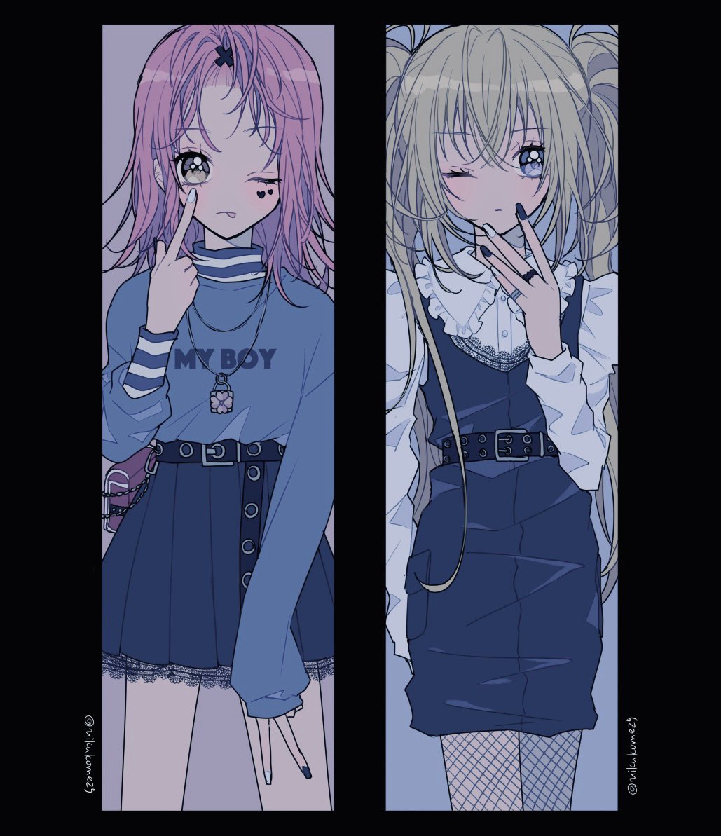2girls, ;p, alternate_costume, belt, blonde_hair, blue_eyes, blue_nails, blue_skirt