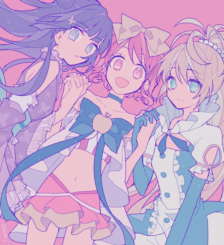 3girls, apple_brooch, blonde_hair, blue_bow, blue_choker, blue_eyes, blue_gloves, blunt_bangs