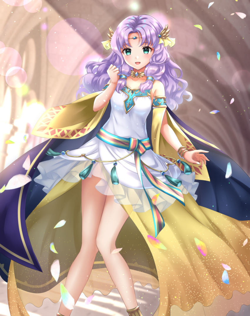 1girl, bare_shoulders, circlet, commission, cosplay, dappled_sunlight, dress, falling_petals