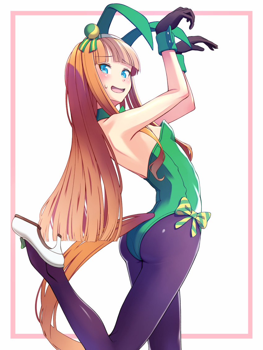 1girl, absurdres, animal_ears, aqua_eyes, black_gloves, black_pantyhose, breasts, collar, cowboy_shot, detached_collar, ear_covers, gloves, horse_pose, green_collar, green_eyes, green_leotard, highres, hime_cut, horse_ears, horse_tail, leotard, orange_hair, pantyhose, paw_pose, playboy_bunny, rabbit_ears, rabbit_tail, silence_suzuka_(umamusume), small_breasts, solo, standing, standing_on_one_leg, strapless, strapless_leotard, tail, tussy, umamusume, white_background, white_footwear, wrist_cuffs