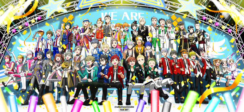 6+boys, ahoge, akizuki_ryo, akuno_hideo, amagase_touma, aoi_kyosuke, aoi_yusuke, asselin_bb_ii, asymmetrical_bangs, bandaid, bandaid_on_cheek, bandaid_on_face, beit_(idolmaster), black_hair, black_hairband, black_necktie, black_pants, blonde_hair, blue_hair, boots, breast_pocket, brothers, brown_hair, buttons, cafe_parade_(idolmaster), child, clenched_hands, closed_eyes, collared_shirt, crossed_arms, crown, dramatic_stars_(idolmaster), enjoji_michiru, epaulettes, everyone, eyepatch, fingerless_gloves, frame_(idolmaster), fuyumi_jun, gloves, green_eyes, green_hair, grey_hair, hair_over_one_eye, hairband, hanamura_shoma, hand_on_headwear, hands_on_another's_shoulders, hat, hazama_michio, headphones, high_x_joker_(idolmaster), highres, himeno_kanon, idolmaster, idolmaster_side-m, ijuuin_hokuto, jupiter_(idolmaster), kabuto_daigo, kagura_rei, kamiya_yukihiro, kimura_ryu, kitamura_sora, kiyosumi_kuro, kizaki_ren, legenders_(idolmaster), long_hair, long_sleeves, maita_rui, male_focus, midriff, military, military_uniform, mini_crown, mitarai_shouta, mittens, mizushima_saki, mofumofuen_(idolmaster), multicolored_hair, multiple_boys, navel, necktie, nekoyanagi_kirio, okamura_nao, open_mouth, orange_eyes, orange_hair, outstretched_hand, pants, pierre_bichelberger, pink_hair, pocket, red_eyes, red_hair, s.e.m_(idolmaster), sakaki_natsuki, sakuma_sanosuke, sakuraba_kaoru, satan_(idolmaster), scarf, sharp_teeth, shinonome_soichiro, shirt, shoelaces, shoes, short_hair, siblings, single_glove, sitting, smile, stage, streamers, tachibana_shiro_(idolmaster), taiga_takeru, takajo_kyoji, teeth, tendo_teru, the_kogado_(idolmaster), top_hat, tsukumo_kazuki, tsuzuki_kei, upper_teeth_only, uzuki_makio, wakazato_haruna, white_gloves, white_mittens, white_necktie, white_pants, wristband, yamashita_jiro