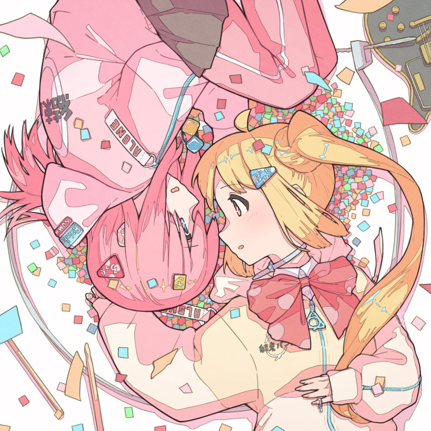 2girls, ahoge, blonde_hair, blue_eyes, bocchi_the_rock!, bow, bowtie, cable_tie