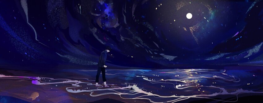1boy, bad_id, bad_twitter_id, black_hair, black_pants, black_shirt, closed_mouth, cloud, commentary_request, eoduun_badaui_deungbul-i_doeeo, full_body, highres, horizon, korean_commentary, long_sleeves, male_focus, moon, night, ocean, outdoors, pants, park_moo-hyun, scenery, shirt, short_hair, sky, solo, standing, striped_clothes, striped_shirt, stuffed_animal, stuffed_toy, suae, vertical-striped_clothes, vertical-striped_shirt, wading, walking, water, wide_shot