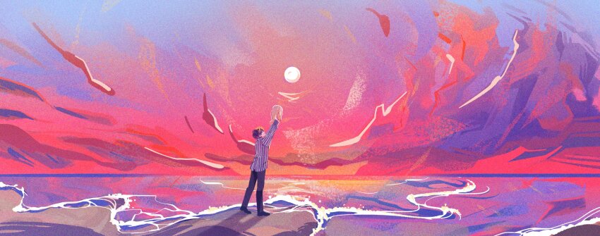 1boy, arms_up, bad_id, bad_twitter_id, black_hair, black_pants, black_shirt, black_shoes