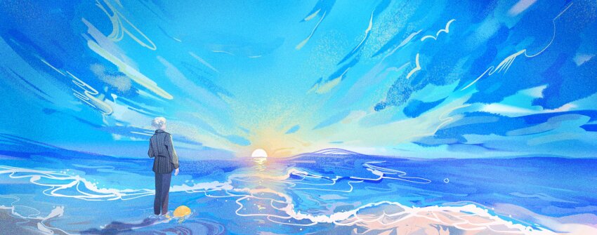 1boy, bad_id, bad_twitter_id, black_pants, black_shirt, blue_sky, cloud, commentary_request