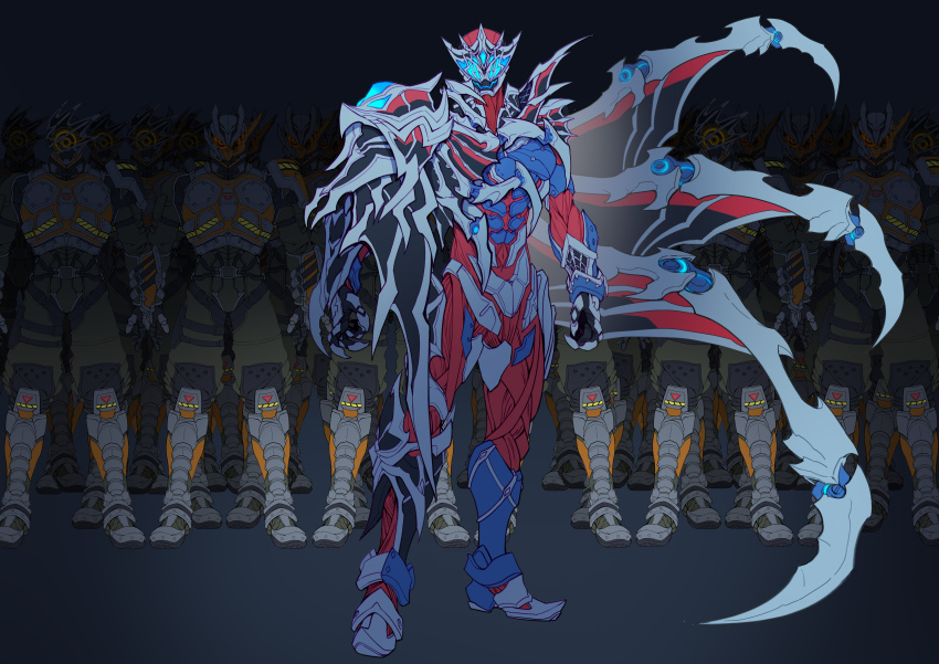 absurdres, armor, armored_boots, army, asymmetrical_armor, asymmetrical_horns, black_gloves, blue_eyes, bodysuit, boots, cape, catball1994, commentary, cowboy_shot, extra_eyes, gloves, head_tilt, highres, horns, kamen_rider, kamen_rider_demons, kamen_rider_revice, kuwagata_genome, looking_at_viewer, male_focus, military, military_uniform, multiple_boys, red_bodysuit, rider_belt, signature, silk, soldier, solo_focus, spider_genome, spider_trooper, spider_web, spiked_armor, spikes, stag_beetle_trooper, standing, stylistic, tokusatsu, upper_body, vest, visor_(armor)