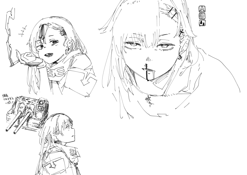 1girl, adapted_turret, asymmetrical_hair, blood, cigarette, cosplay, hair_flaps, hair_ornament