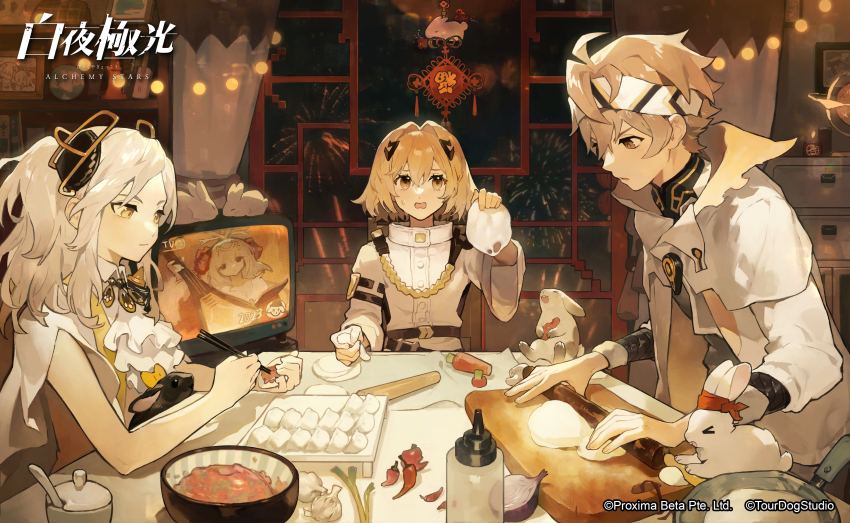 1boy, 2023, 2girls, aiguillette, alchemy_stars, ascot, belt, black_shirt