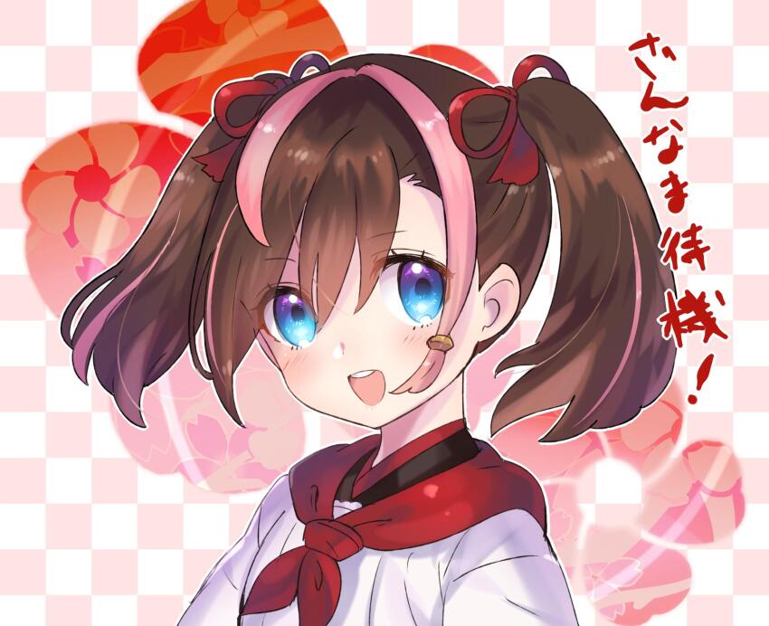 blue_eyes, blush, bow, brown_hair, checkered_background, close-up, dress, floral_background