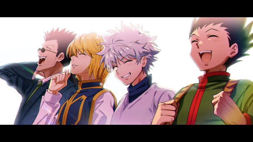 0shaya2, 4boys, absurdres, black_hair, blonde_hair, closed_eyes, gon_freecss, green_jacket, hair_between_eyes, highres, hunter_x_hunter, jacket, killua_zoldyck, kurapika, leorio_paladiknight, male_focus, multiple_boys, open_mouth, parted_lips, short_hair, simple_background, smile, spiked_hair, sunglasses, tabard, white_background, white_hair