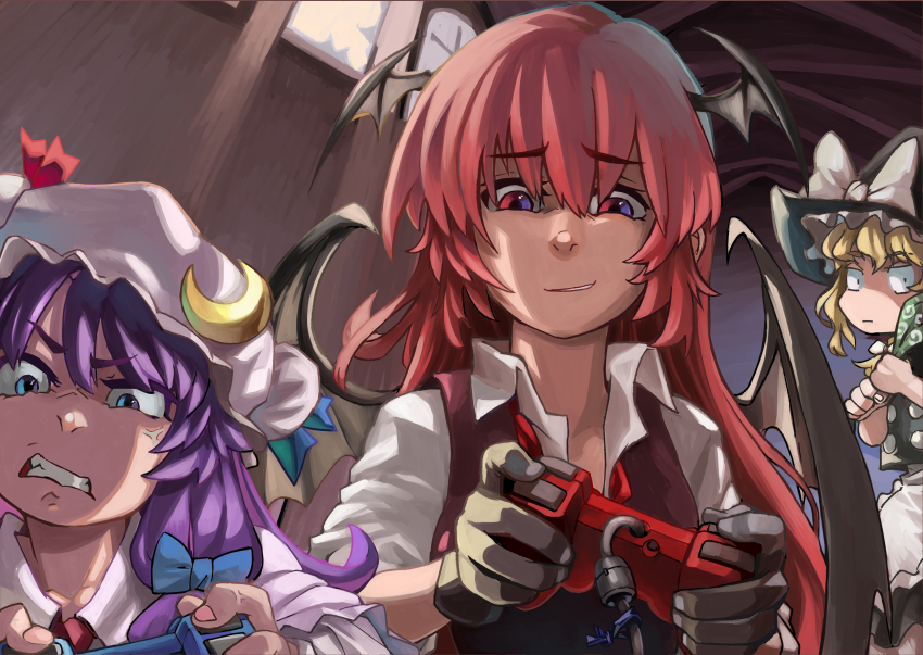 3girls, :|, abbreviated_karakusa, absurdres, anger_vein, apron, bat_wings, black_dress