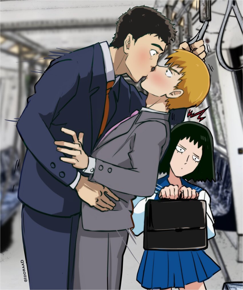 1girl, 2boys, accidental_kiss, bag, black_hair, blonde_hair, blue_skirt, blue_suit, blush, bowl_cut, buttoned_cuffs, buttons, commentary, english_commentary, formal_clothes, grey_jacket, grey_pants, grey_suit, highres, holding, holding_bag, idoraad, jacket, kiss, kurata_tome, male_focus, mob_psycho_100, multiple_boys, necktie, pants, pink_necktie, reigen_arataka, school_uniform, serizawa_katsuya, skirt, standing, subway, suit, yaoi