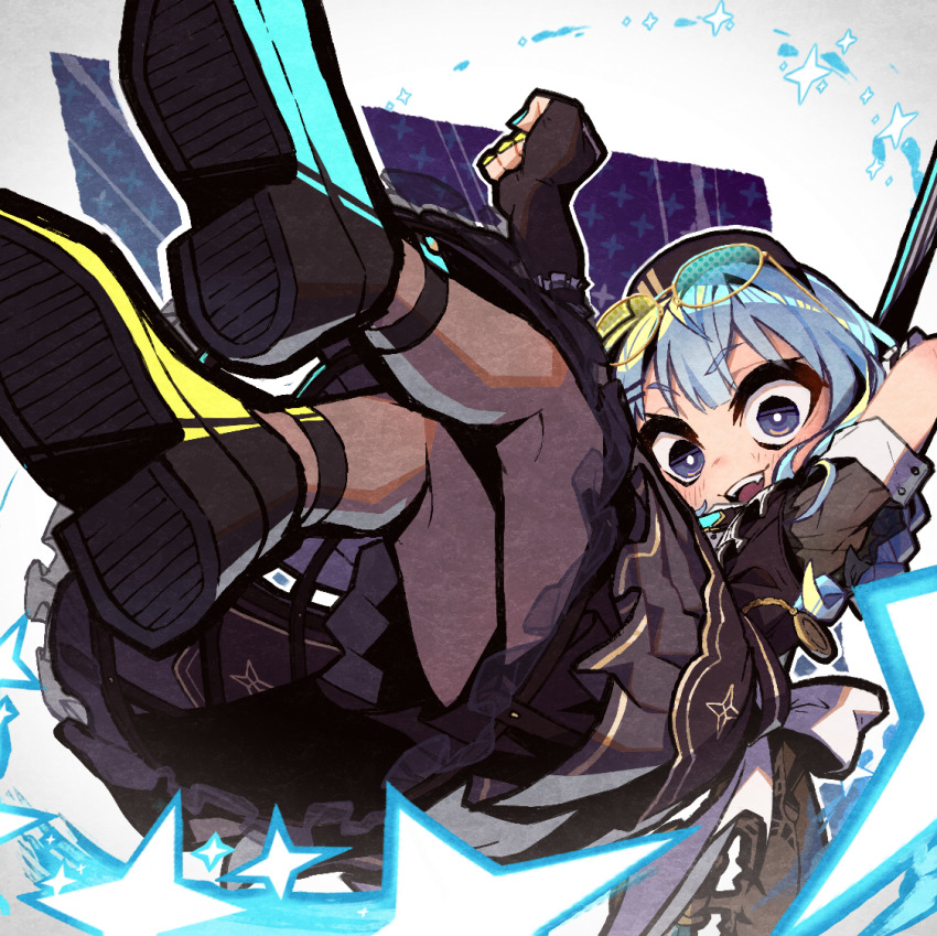 1girl, bardiche_(weapon), blue_eyes, blue_hair, braid, chibi, commentary, dress