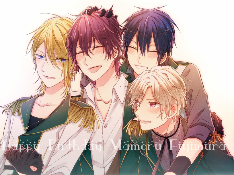 4boys, black_hair, blonde_hair, blue_eyes, blush, closed_eyes, etou_kouki, fujimura_mamoru, growth_(tsukipro), happy_birthday, kazuraki_(gyumi927), male_focus, multiple_boys, pink_hair, red_hair, sakuraba_ryouta, short_hair, smile, tsukino_talent_production, tsukipro, white_background, yaegashi_kensuke