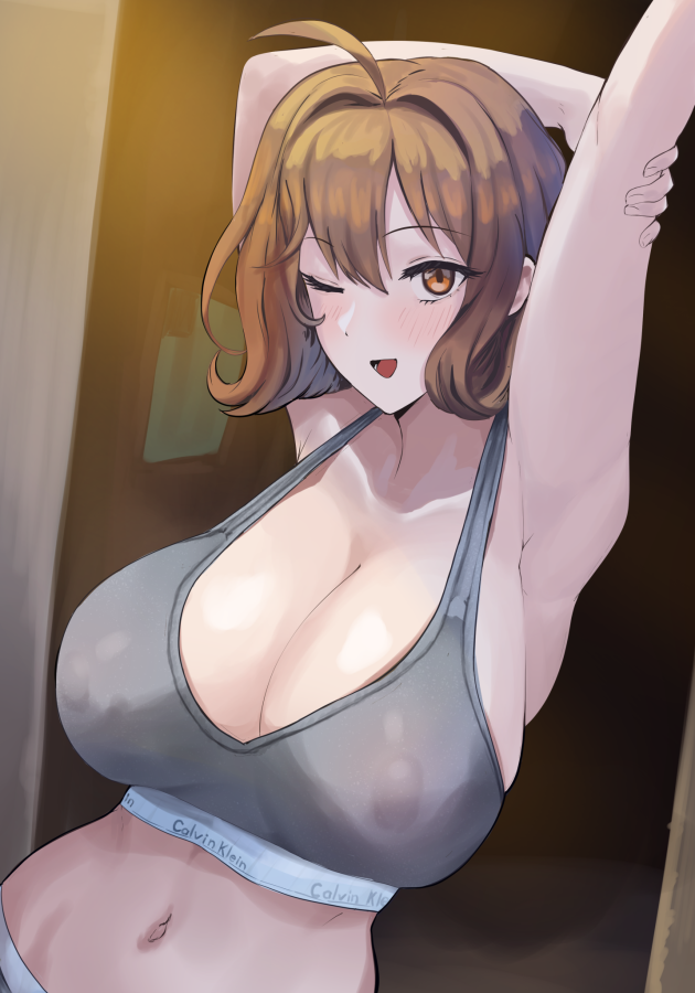 1girl, ahoge, anis_(nikke), armpits, arms_behind_head, arms_up, bare_shoulders, blush, breasts, brown_eyes, brown_hair, cleavage, clothes_writing, collarbone, goddess_of_victory:_nikke, grey_sports_bra, gudakoguda, large_breasts, looking_at_viewer, navel, one_eye_closed, open_mouth, short_hair, smile, solo, sports_bra, underwear_writing