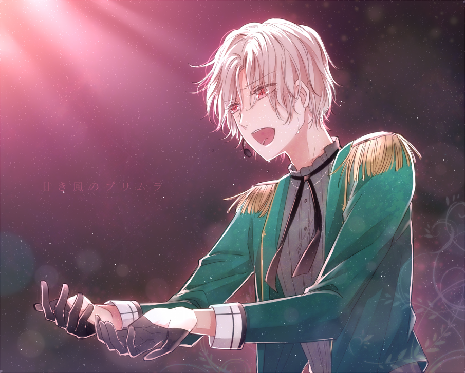 1boy, blonde_hair, coat, epaulettes, green_coat, grey_shirt, headset, idol