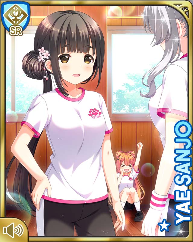 3girls, :d, :o, anette_olga_karasawa, black_hair, black_shorts, blue_eyes, card_(medium)