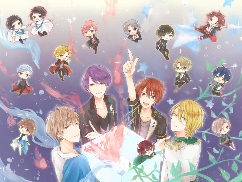 6+boys, arihara_morihito, blonde_hair, blue_eyes, blue_hair, brothers, brown_eyes, brown_hair, chibi, etou_kouki, fujimura_mamoru, glasses, grey_hair, growth_(tsukipro), highres, horimiya_eichi, izumi_shu, kagurazaka_soushi, light_brown_hair, looking_at_viewer, male_focus, multiple_boys, munakata_ren, murase_dai, nanase_nozomu, ohara_sora, okui_tsubasa, pink_eyes, purple_eyes, purple_hair, quell_(tsukipro), red_hair, sakuraba_ryouta, sera_rikka, short_hair, siblings, soara_(tsukipro), solids_(tsukipro), suzu8nayu, takamura_shiki, tsukino_talent_production, tsukipro, twins, yaegashi_kensuke