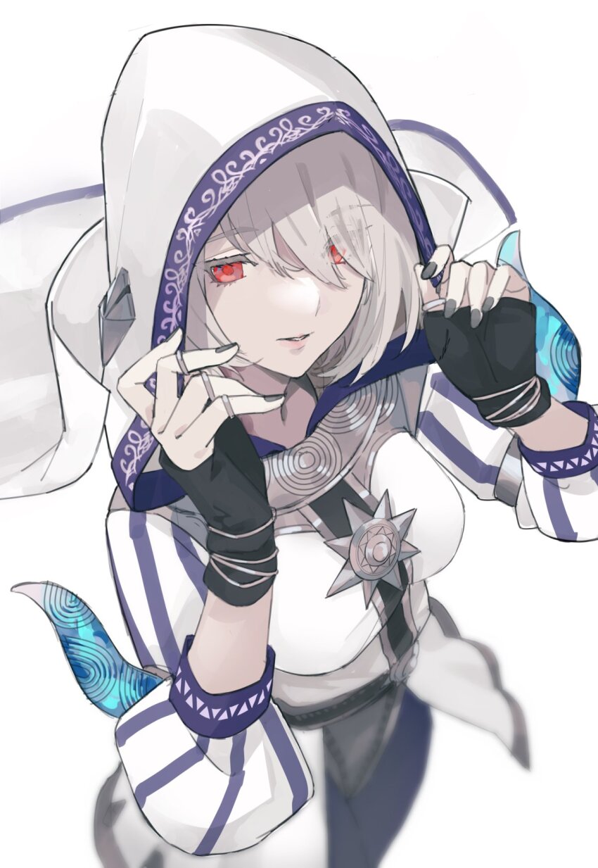 1girl, adjusting_hood, black_gloves, black_nails, blue_pants, blurry, bob_cut, cape