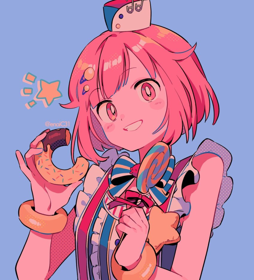 1girl, artist_name, bare_shoulders, blue_background, blue_bow, blue_bowtie, blue_dress, blue_hat