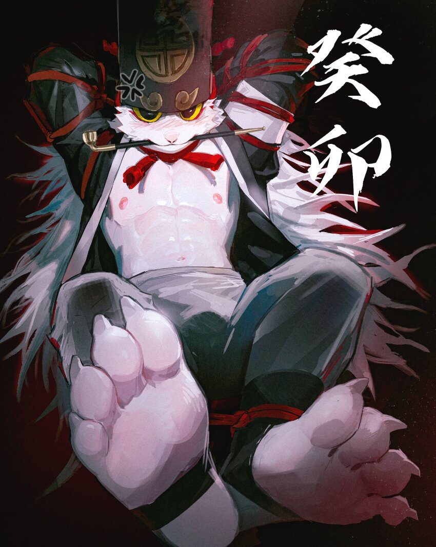 1boy, 2023, abs, anger_vein, angry, arms_behind_head, barefoot, bdsm, bondage, bound, claws, commentary, english_commentary, feet, foot_focus, furry, furry_male, happy_new_year, highres, jacket, looking_at_viewer, luoluokun517, male_focus, muscular, muscular_male, navel, new_year, open_clothes, open_jacket, original, red_ribbon, ribbon, smoking_pipe, solo, topless_male, translation_request, white_fur