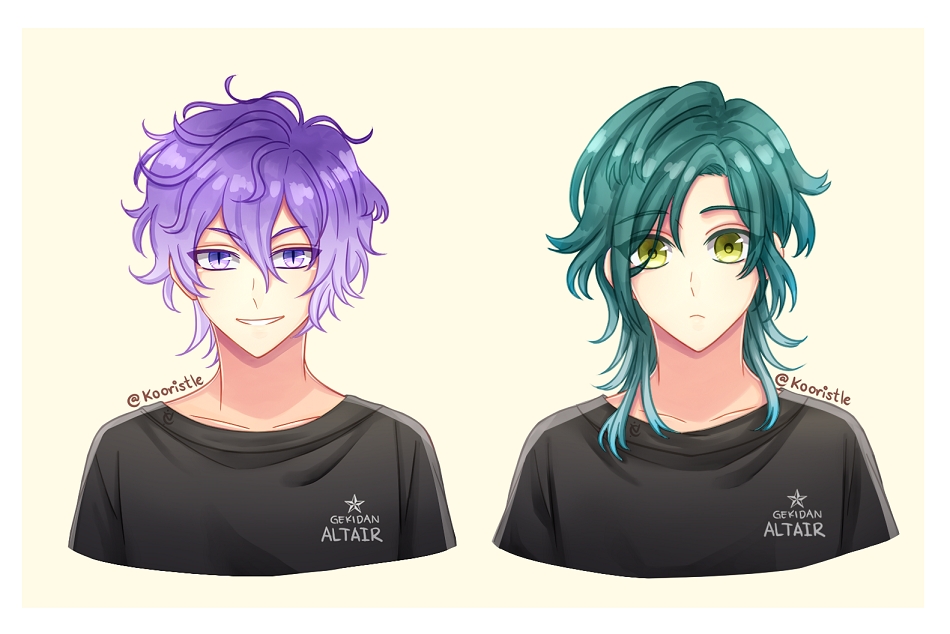 2boys, black_shirt, closed_mouth, green_eyes, green_hair, kooristle, looking_at_viewer, male_focus