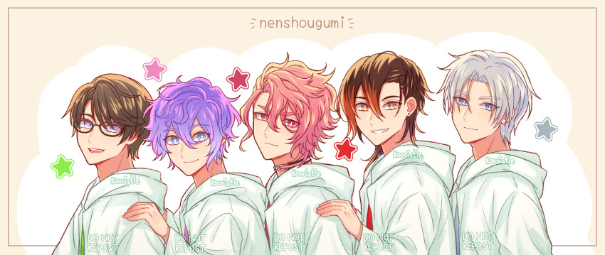 5boys, brown_eyes, brown_hair, glasses, grey_eyes, grey_hair, highres, hood, hood_down, hoodie, ichigaya_rintarou, kamiya_touma, kasumi_sakuya, kooristle, kuramae_kazuki, long_sleeves, male_focus, multicolored_hair, multiple_boys, pink_eyes, pink_hair, purple_eyes, purple_hair, red_hair, senkawa_ritsu, tsukino_talent_production, tsukipro, twitter_username, white_hoodie, yellow_eyes