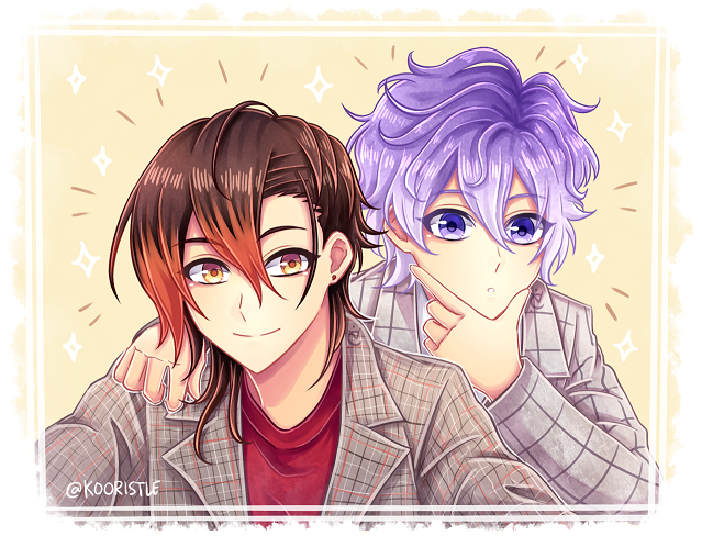 2boys, brown_hair, facing_viewer, kamiya_touma, kooristle, looking_at_another, looking_at_viewer, male_focus, multicolored_hair, multiple_boys, orange_eyes, orange_hair, parted_lips, purple_eyes, purple_hair, senkawa_ritsu, short_hair, smile, tsukino_talent_production, tsukipro, twitter_username
