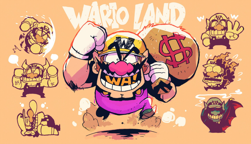 1boy, bat_wings, brown_hair, bull_wario, cleft_chin, facial_hair, fake_horns, fangs, flaming_wario, flexing, gloves, helmet, highres, holding, holding_sack, horned_helmet, horns, looking_at_viewer, mario_(series), money_bag, mustache, nintendo, overalls, pointy_ears, purple_overalls, rariatto_(ganguri), running, sack, sleeping, vampire, vampire_wario, wario, wario_land, wario_land:_super_mario_land_3, wario_land_3, wario_land_ii, white_gloves, wings, yellow_headwear