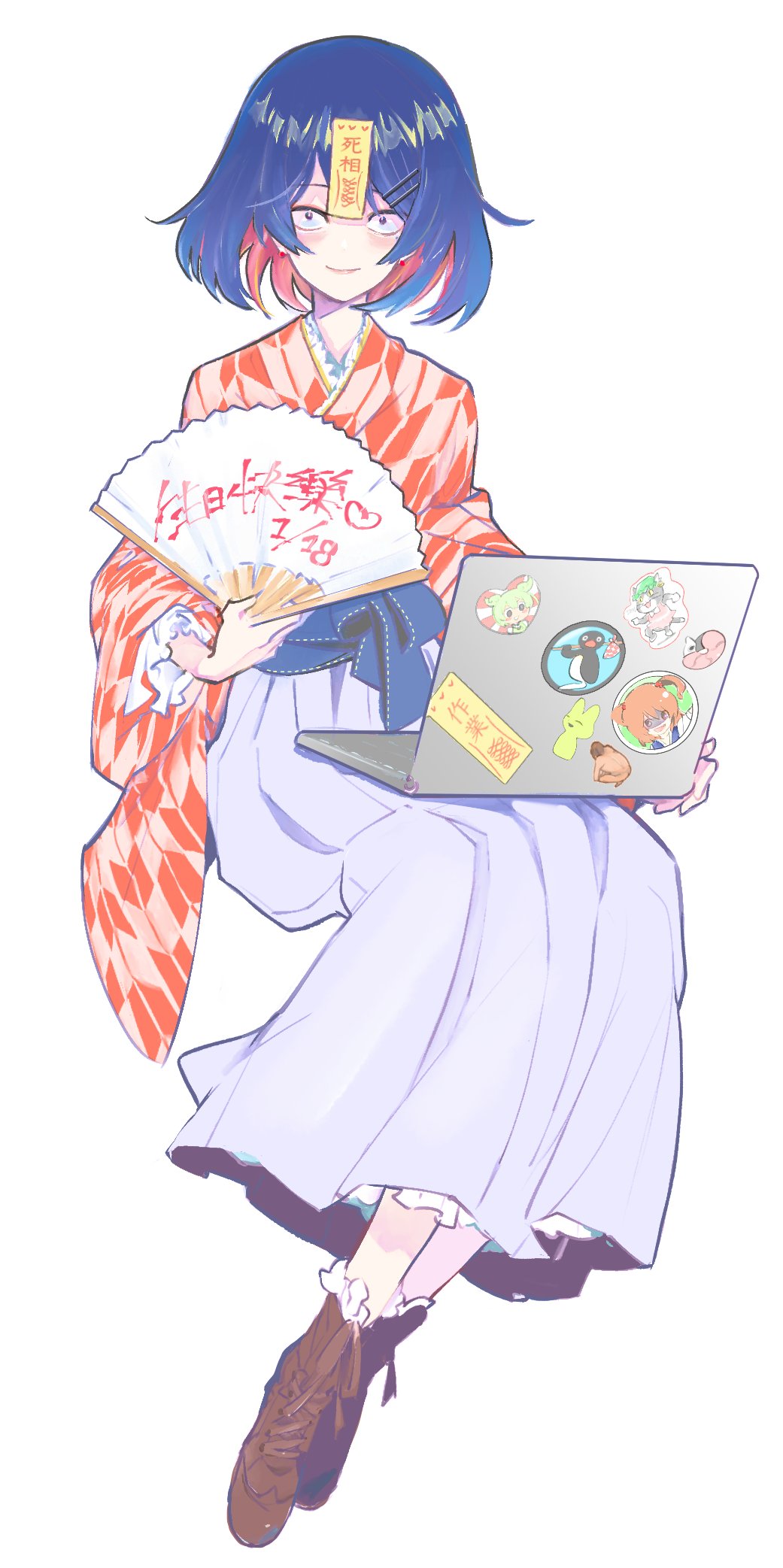 1girl, 90_sik, azuki_aisu_ranmaru, black_eyes, blue_hair, boots, brown_boots, chen