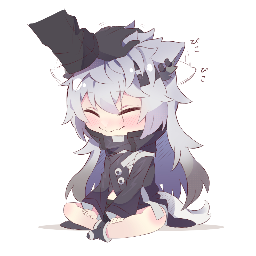 1girl, 1other, afterimage, animal_ear_fluff, animal_ears, arknights, black_footwear, black_gloves, black_jacket, blush, boots, chibi, closed_eyes, closed_mouth, commentary_request, disembodied_hand, doctor_(arknights), ear_wiggle, fang, fang_out, gloves, jacket, lappland_(arknights), long_sleeves, metaru, scar, scar_across_eye, scar_on_face, shadow, simple_background, tail, white_background, wide_sleeves