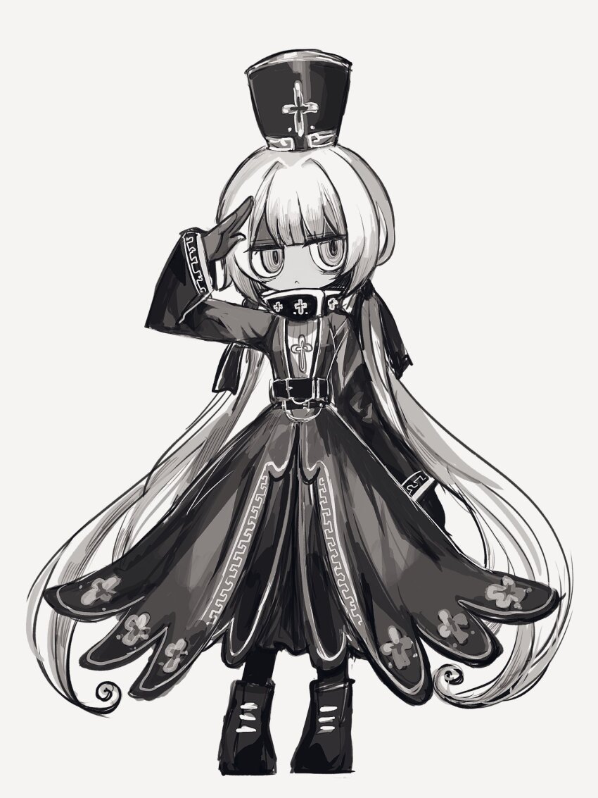 1girl, :<, boots, charon_(project_moon), closed_mouth, coat, commentary, full_body