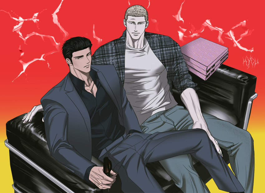 0lkyou, 2boys, artist_name, black_eyes, black_hair, black_shirt, blonde_hair, blue_eyes