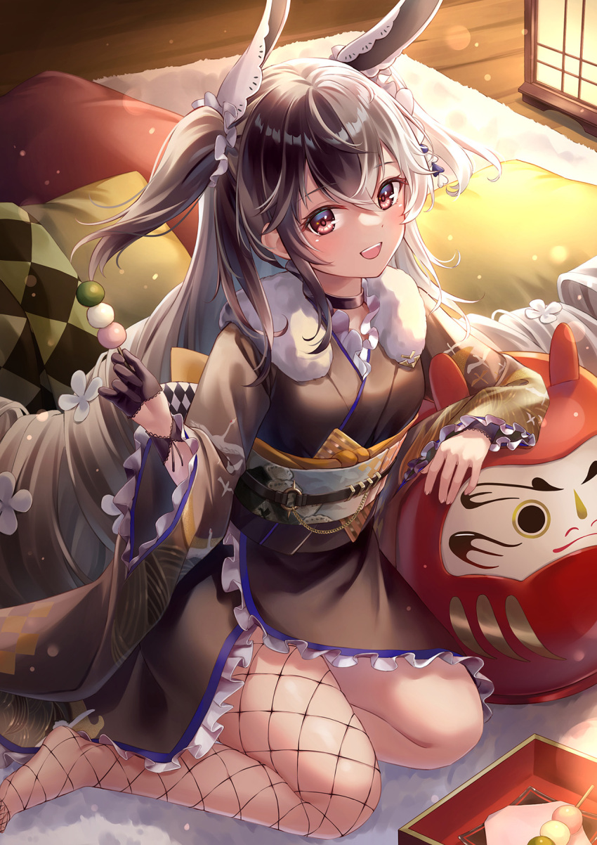 1girl, black_gloves, black_hair, black_kimono, dango, daruma_doll, dorothy_(echocalypse), echocalypse