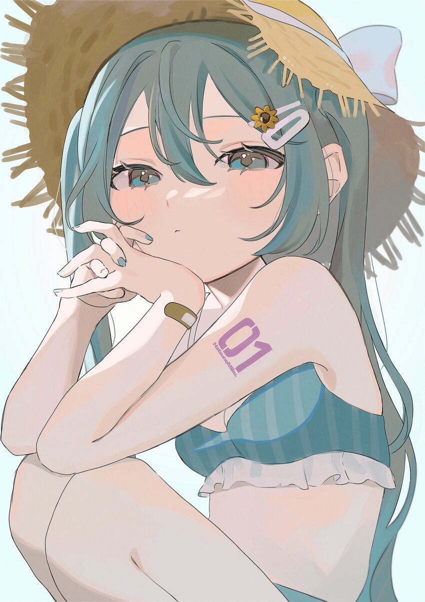 1girl, absurdres, aqua_eyes, aqua_hair, aqua_nails, bandaid, bandaid_on_arm, bikini, blush, breasts, flower, frilled_bikini, frilled_swimsuit, frills, hair_between_eyes, hair_flower, hair_ornament, hairclip, hakudaku, hat, hatsune_miku, head_rest, highres, knees_up, long_hair, looking_at_viewer, own_hands_together, simple_background, small_breasts, solo, straw_hat, sunflower, sunflower_hair_ornament, swimsuit, very_long_hair, vocaloid