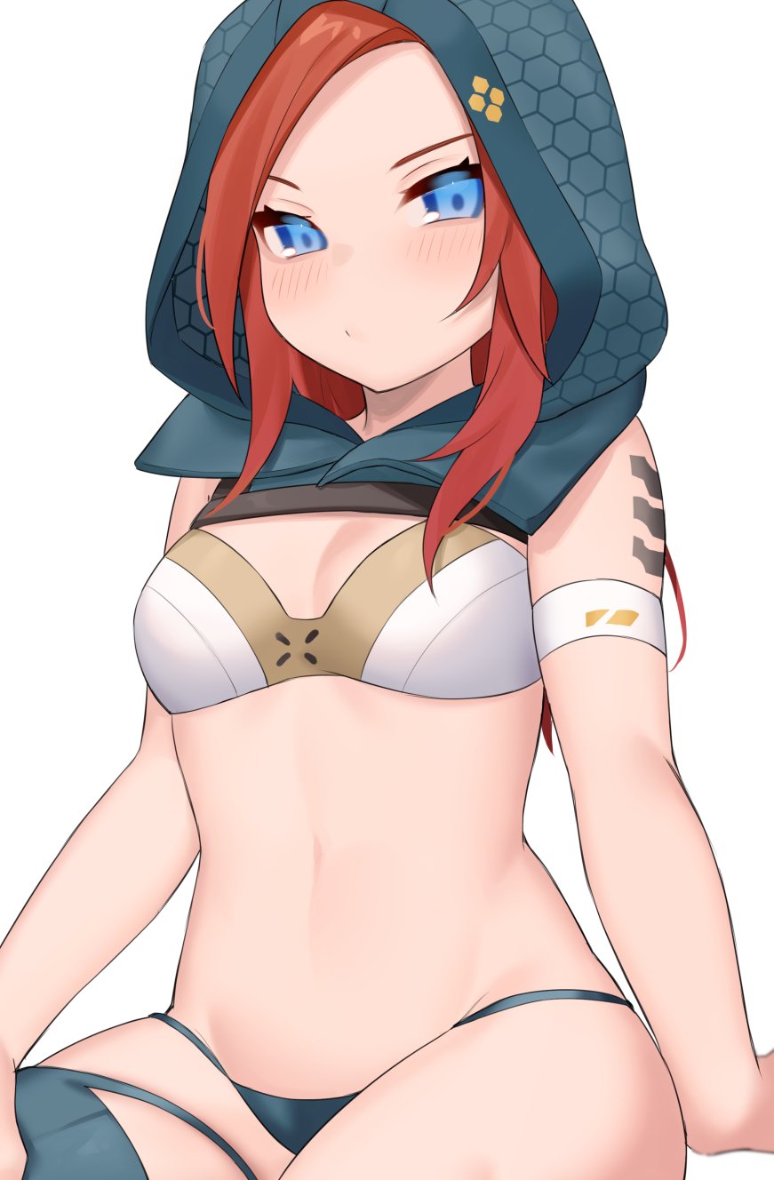1girl, adapted_costume, animification, apex_legends, arm_strap, ash_(titanfall_2), ash_(titanfall_2)_(cosplay), ashleigh_reid, blue_eyes, blue_panties, blue_thighhighs, blush, bra, breasts, brown_hair, cable, cleavage, cosplay, highres, hood, hood_up, looking_at_viewer, medium_hair, nagoooon_114, navel, panties, simple_background, single_thighhigh, sitting, small_breasts, solo, thighhighs, underwear, white_background, white_bra