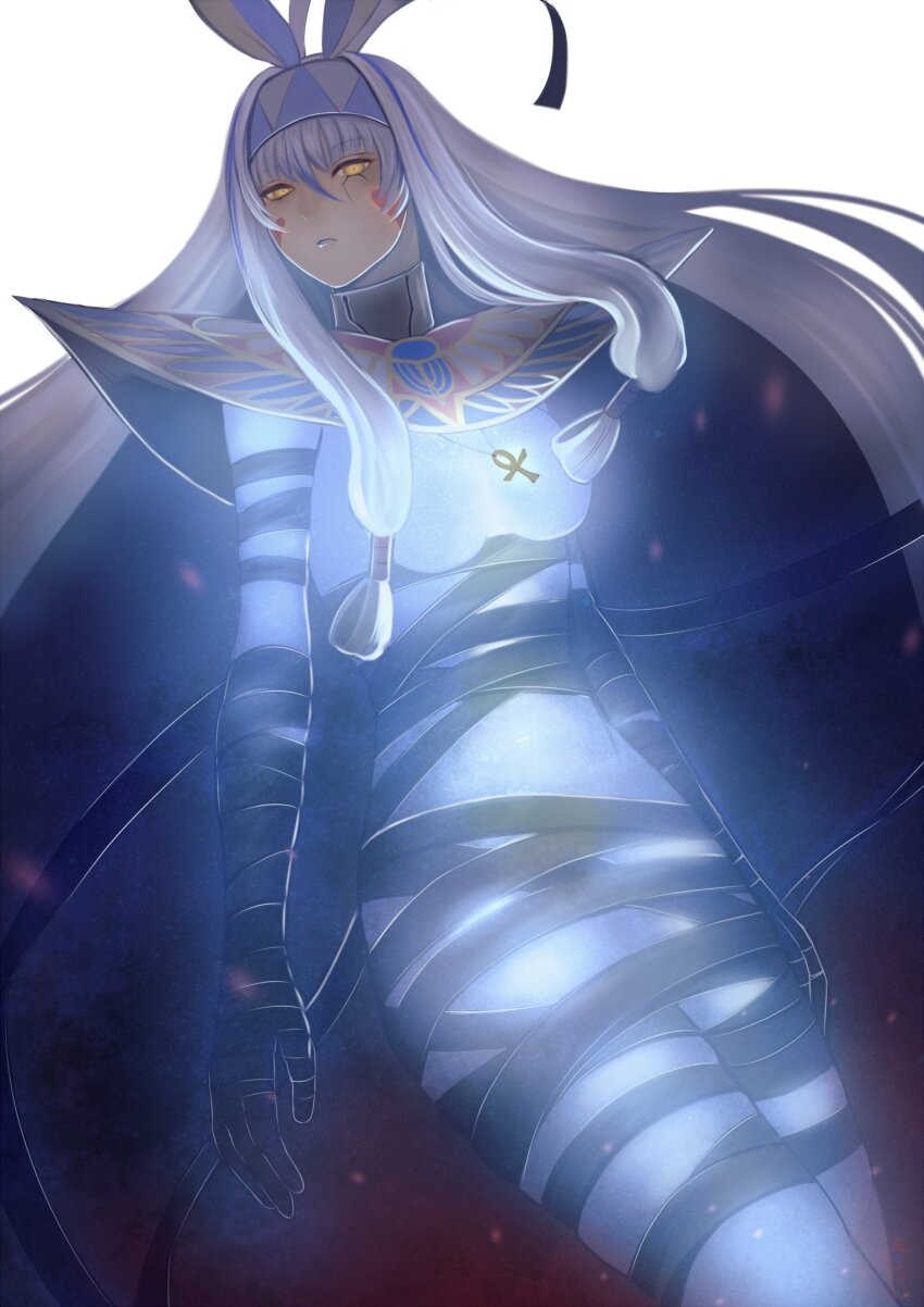 1girl, animal_ears, ankh, ankh_necklace, bandages, black_hair, colored_inner_hair, commentary