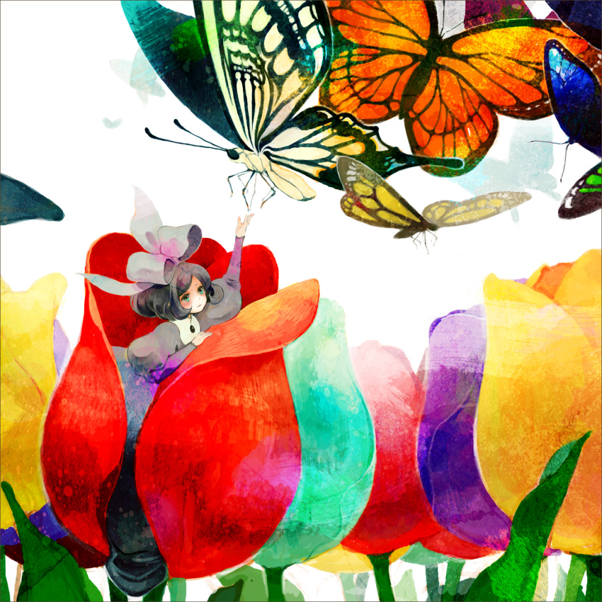 aqua_eyes, black_hair, bow, bug, butterfly, flower, hair_bow, highres